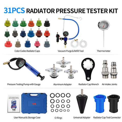 Heavy Duty 31 Piece Coolant Pressure Tester Kit With 23 Radiator Adapters And Blue Pump Gauge Vacuum Refill Tool display including various caps, tools, and adapters.