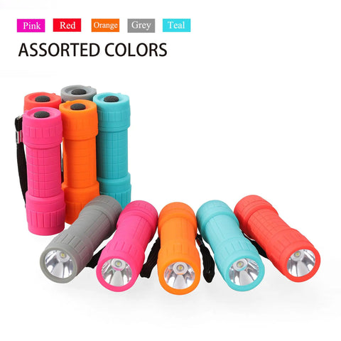 Ten Pack Mini LED Flashlights Each 100 Lumens With Pre Installed AAA Batteries Included, Compact ABS Casing in assorted colors