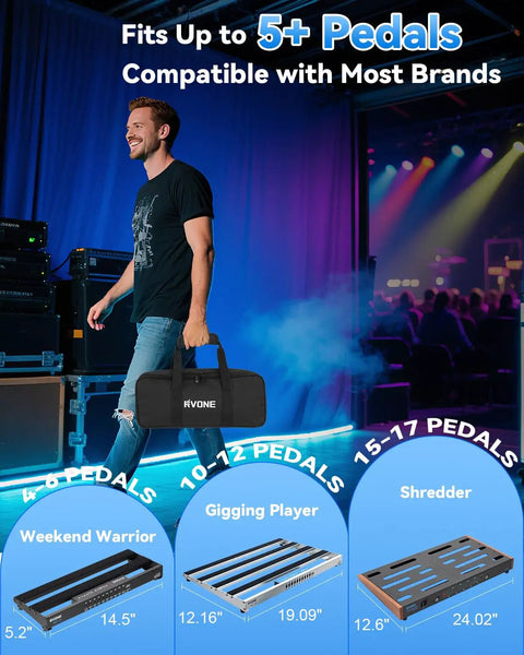 Guitar Pedal Board With Power Supply 10 Isolated Outputs Aluminum Alloy Portable Pedal Board With Bag Compact Mini Powered Pedal Board For Guitar Effects Stable Noise Free Power For Travel Gigs Bag Included shown on stage with musician holding bag