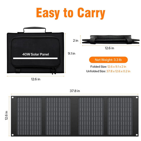 Detailed view of 40W Foldable Solar Panel Charger for Power Stations and Camping Gear, dimensions and carrying ease.