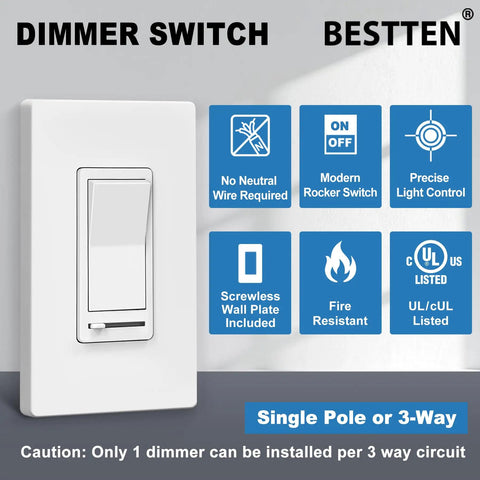 Flicker Free Dimmer Switch Pack For LED CFL Incandescent And Halogen Bulbs, 10 Pack, Single Pole Or 3 Way, Slide Dimmer with info icons