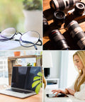 Monitor Wipes for electronics; collage of four devices: glasses, camera lenses, laptop, and tablet on a desk.