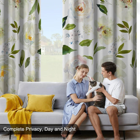 Floral Blackout Curtains For Bedroom And Nursery With 84 Inch Length Two Panels installed in a living room setting.