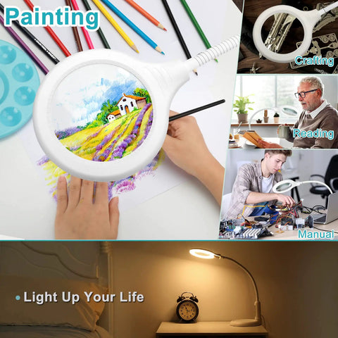 10X Magnifying Glass With Light And Clamp used for painting, crafting, reading, and manual tasks with flexible LED desk lamp.