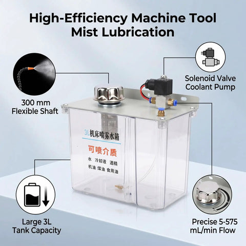 Heavy Duty Machine Tool Coolant Sprayer Featuring A Tough 3L Tank And Quick Solenoid Valve, showing solenoid valve and flexible shaft.