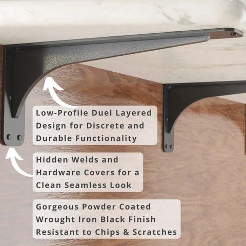 Gladiator Series Low Profile Heavy Duty Shelf Brackets 500 lb capacity hidden welds on wooden surface