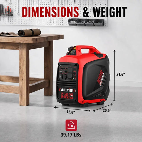 2500W Portable Inverter Generator With CO Sensor dimensions 21.6x12.8x20.5 inches, weight 39.17 lbs next to wooden table