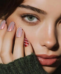 Model showcasing Premium Nail Stamping Plates Set Of Three Featuring Killer French Tip And Geometric Checkerboard Patterns.