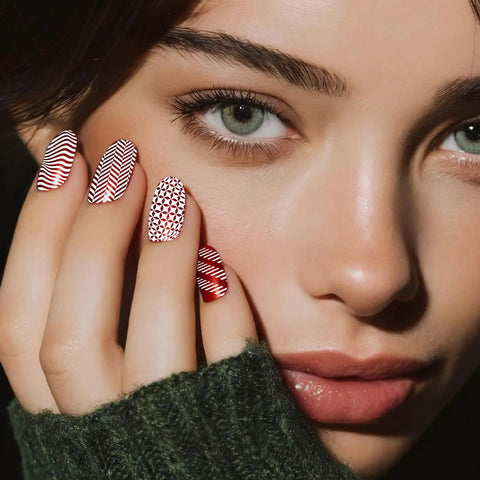 Model showcasing Premium Nail Stamping Plates Set Of Three Featuring Killer French Tip And Geometric Checkerboard Patterns.