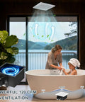 Heavy Duty 120 CFM Bathroom Exhaust Fan Ceiling Mounted 8X8 Inch in a bathroom clearing steam while a woman bathes a child.
