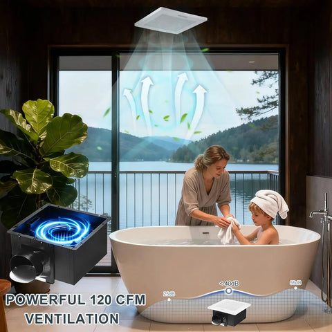 Heavy Duty 120 CFM Bathroom Exhaust Fan Ceiling Mounted 8X8 Inch in a bathroom clearing steam while a woman bathes a child.