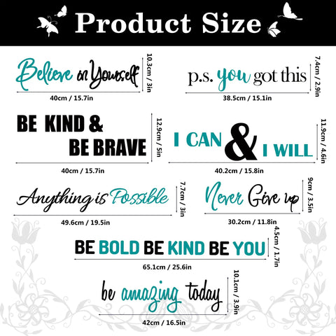 Product size chart for Eight Styles Motivational Wall Decals Set With Inspirational Quotes You Got This Believe In Yourself 