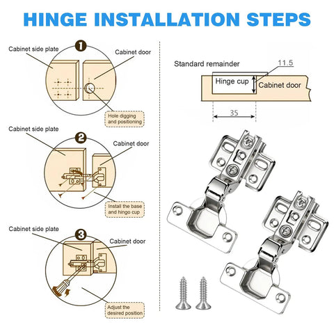 Diagram of 10 Pack 1 3/8 Inch Cabinet Hinges With Soft Close For Kitchen Cupboards Concealed Insert Doors, showing installation steps.