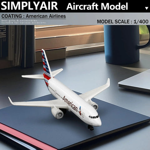 One To Four Hundred Scale Plastic Airplane Model Kit For Collection And Display Ready To Show Off With No Assembly No Base Included Alloy Fuselage And Plastic Fittings Compact 5.6 Inch Length And 5 Inch Wingspan shown on desk