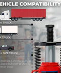 Compatibility chart showing semi, box, and full-size trucks with Beefy Twenty Ton Portable Hydraulic Bottle Jack With Air Operated Pneumatic Lift.
