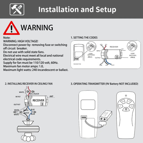 Installation guide for Universal Ceiling Fan Remote Control Kit With 3 Speed Fan And Light Dimmer Receiver FAN28R Replacement