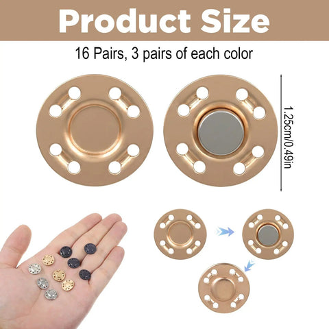 12 Pairs Killer Hold Magnetic Snaps, No Sweat Easy Sew On Fasteners, Heavy Duty Metal Buttons For Bags in various colors and sizes.
