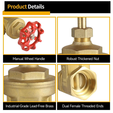 Heavy Duty 2 Inch NPT Brass Gate Valve With Red Wheel Handle Female X Female Thread Manual Rotary Shut Off Valve For Water Oil Gas Plumbing And HVAC Systems High Pressure Leak Proof Flow Control product details