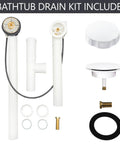 No Sweat Installation 27 Inch Cable Drive Bath Drain Trim Kit Featuring Top Shelf Brass Rotary Overflow Knob And Secure Pop Up Stopper For Stress Free Plumbing Fixes White components layout with pipes and fittings.