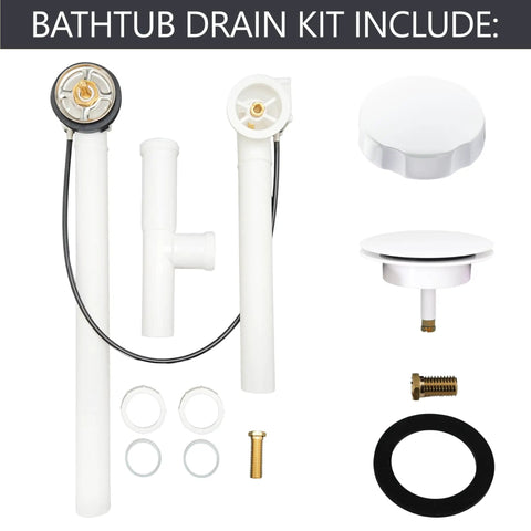No Sweat Installation 27 Inch Cable Drive Bath Drain Trim Kit Featuring Top Shelf Brass Rotary Overflow Knob And Secure Pop Up Stopper For Stress Free Plumbing Fixes White components layout with pipes and fittings.