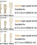 Front view: gold-tone insulated spade terminal kit with 6.3mm, 4.8mm, 2.8mm sizes and sleeves, 60pcs each.