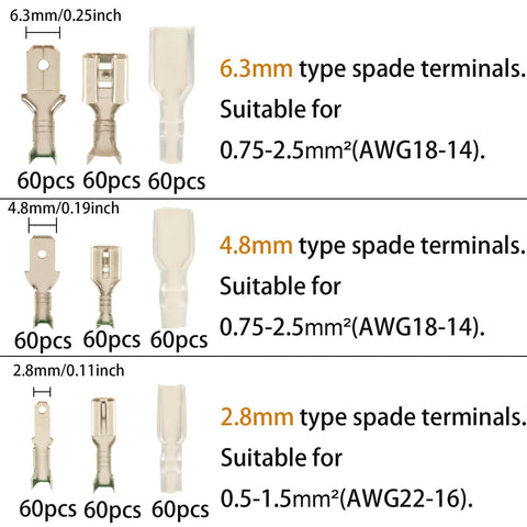 Front view: gold-tone insulated spade terminal kit with 6.3mm, 4.8mm, 2.8mm sizes and sleeves, 60pcs each.