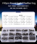 Front view of a 140-piece round-ended feather key set in a plastic storage box; carbon steel, 8–30 mm shaft keys