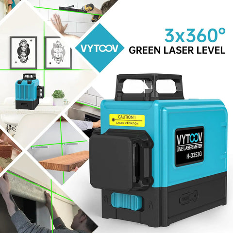 Self Leveling Green Laser Level Tool With Rechargeable Li Ion Battery 2 Cross Line Beams For Indoor Outdoor Construction Picture Hanging Tiling And Home Remodel Horizontal And Vertical Alignment in use.