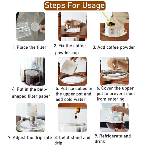Steps for using Retro Wood And Glass Cold Brew Tower Featuring Adjustable Stainless Steel Valve For Slow Ice Extraction