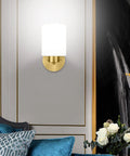 Frosted Wall Sconce Set Of Two In Brushed Gold Modern Sleek Brass Vanity Lights in living room with mid-century decor