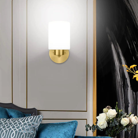 Frosted Wall Sconce Set Of Two In Brushed Gold Modern Sleek Brass Vanity Lights in living room with mid-century decor