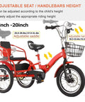 Red Folding Cruiser Trike For Kids Aged 2 To 10 With Dual Brakes, three-wheel design, adjustable handlebars, and tandem rear seat.