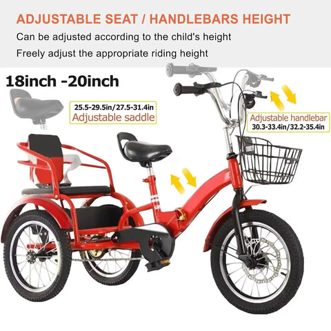 Red Folding Cruiser Trike For Kids Aged 2 To 10 With Dual Brakes, three-wheel design, adjustable handlebars, and tandem rear seat.