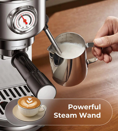 Espresso Machine With Milk Frother, 20 Bar Pressure, 44 Ounces Removable Water Tank, Compact Stainless Steel Coffee Maker For Home Or Office, Brew Lattes Cappuccinos Macchiatos Like A Pro, Sleek Silver with steam wand in use
