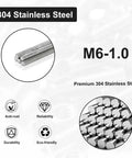 250mm M6 1.0 Threaded Rods 304 Stainless Steel Right Hand Fully Threaded Screw Rods For Lawn Mower Carburetor And Mechanical Fastening