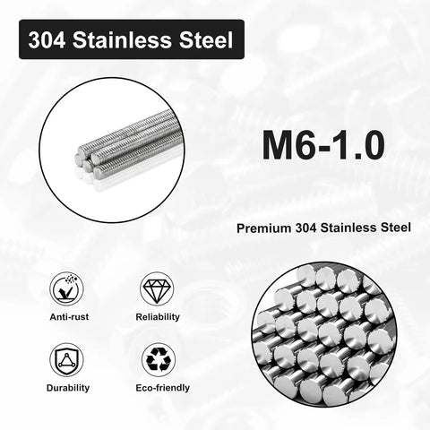 250mm M6 1.0 Threaded Rods 304 Stainless Steel Right Hand Fully Threaded Screw Rods For Lawn Mower Carburetor And Mechanical Fastening