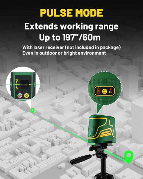 X2 Self Leveling Laser Level With 2.2Ah Rechargeable Battery, 197ft Range, Outdoor Pulse Mode on tripod showing green laser beam