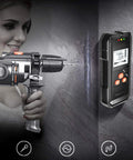 Straight Up Digital Stud Finder With Bright LCD Display For Precise Wood And Metal Wall Scan Plus AC Wire Voltage Locator in use.