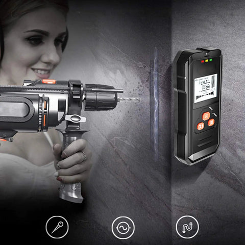 Straight Up Digital Stud Finder With Bright LCD Display For Precise Wood And Metal Wall Scan Plus AC Wire Voltage Locator in use.