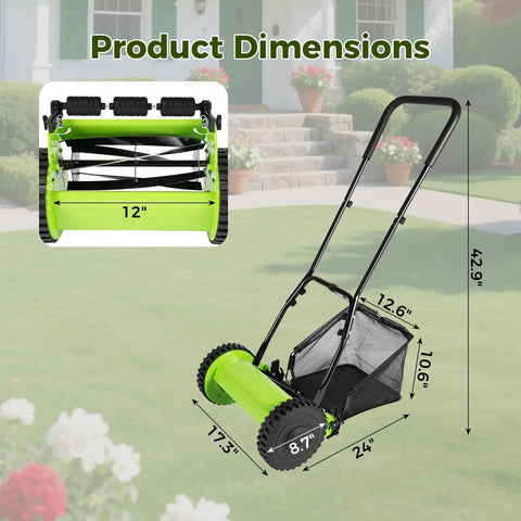 12 Inch Push Reel Lawn Mower With Adjustable Cutting Height From 0.67 To 1.3 Inches And 5 Blade Power For Effortless, Clean Cuts And Quick Yard Maintenance On Weekends, with bag