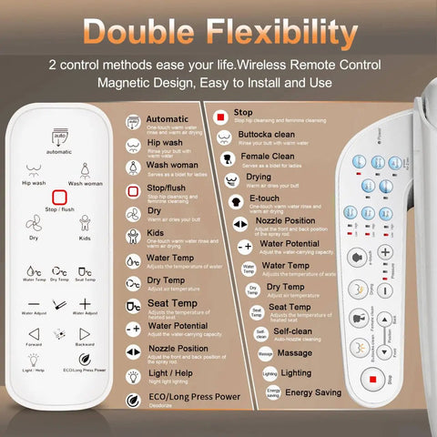 Heavy Duty Smart Bidet Toilet Seat With Dual Control Side Panel And Wireless Remote features easy-to-use buttons for heated wash settings.