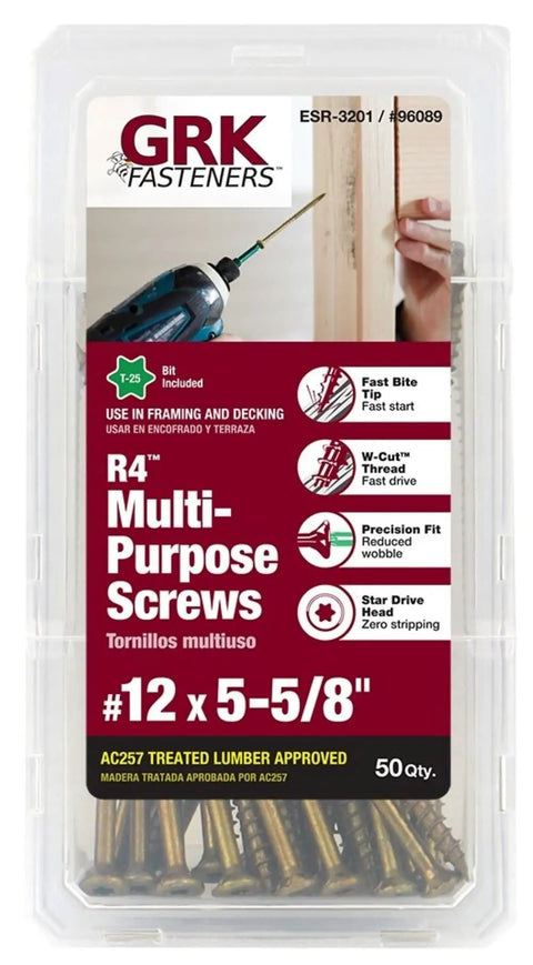 Heavy Duty Multi Purpose Framing Screws Size 12 Or Size 14 X 5 5/8 Inches 50 Piece Pack in storage box for wood framing use.
