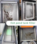 Fish pond tank filter showing various filtration stages with debris collection and water flow.