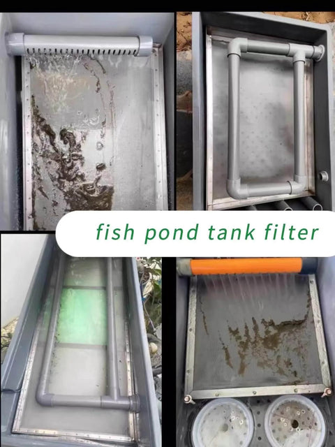 Fish pond tank filter showing various filtration stages with debris collection and water flow.