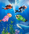 Four colorful divers from 4 Pack Floating Diver Fish Tank Decorations Cute Lil Diver Cartoon Playmate With Floating Device For Aquariums.