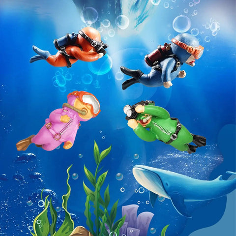 Four colorful divers from 4 Pack Floating Diver Fish Tank Decorations Cute Lil Diver Cartoon Playmate With Floating Device For Aquariums.