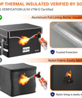 Beefed Up 5200F Fireproof Document Lockbox With Heat Insulation For Home Office, closeup of aluminum foil lining and fireproof test.