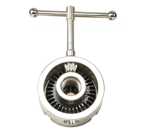 Top view of Three And A Half Inch Self Centering Wood Lathe Chuck Set With Round Jaw Mount Includes Step Jaw Pin Jaw Wide Jaw And Adapter Converting 1 By 8 TPI To 3 By 4 TPI Plus Tightening Gear Key T Allen Wrench And Worm Screw Nickel Coated Chuck Body, showing the tightening gear.