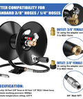 Heavy Duty Pressure Washer Hose Reel With 4000 PSI Rating, featuring 50 Ft 3/8 Inch or 65 Ft 1/4 Inch Hose and M22-14 Fittings