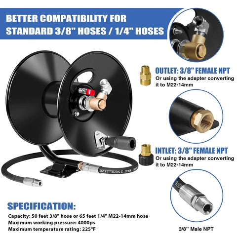 Heavy Duty Pressure Washer Hose Reel With 4000 PSI Rating, featuring 50 Ft 3/8 Inch or 65 Ft 1/4 Inch Hose and M22-14 Fittings